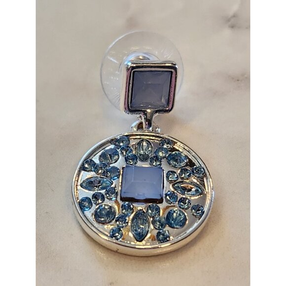 Gloria Vanderbilt Silver Tone & Blue Crystal Drop Earrings Square Round Accents - Picture 4 of 5